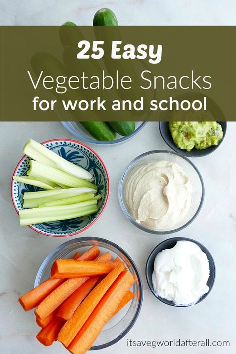 25 Easy Vegetable Snacks for Work and School- these make ahead snacks are simple, tasty, and nutritious. Prep some of them in advance for healthy weekday snacking! #veggies #snackattack #healthysnacks Easy Vegetable Snacks, Healthy Veggie Snacks, Make Ahead Snacks, Eat More Veggies, Vegetable Snacks, Veg Snacks, Veggie Snacks, Healthy Veggie, Snacks On The Go