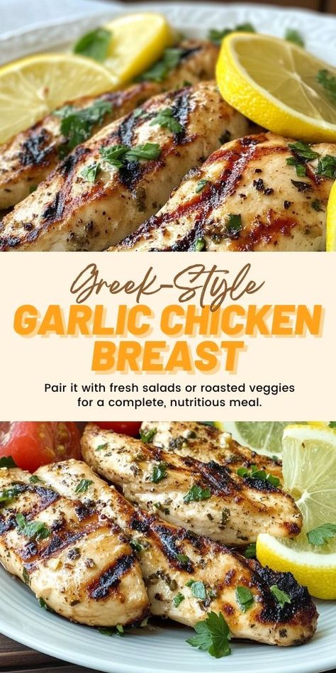 This Greek-Style Garlic Chicken Breast delivers on both taste and simplicity! 🍗🍋 Marinated with garlic, lemon, and herbs, this chicken is full of bold Mediterranean flavors and is perfect for weeknight dinners. Serve with rice, salad, or veggies for a complete and satisfying meal.

📌 Save this pin to enjoy a quick and flavorful Greek-style chicken recipe at home!
#GreekChicken #GarlicChicken #EasyDinnerRecipes #MediterraneanFood #HealthyMeals #FlavorfulChicken Healthy Grilled Chicken Breast Recipes, Chicken Breats Recipes, Mediterranean Chicken Breast, Lemon Herb Chicken Breast, Split Breast Chicken Recipes, Lemon Chicken Breast Recipes, Greek Chicken Breast, Chicken With Herbs, Mediterranean Chicken Recipes