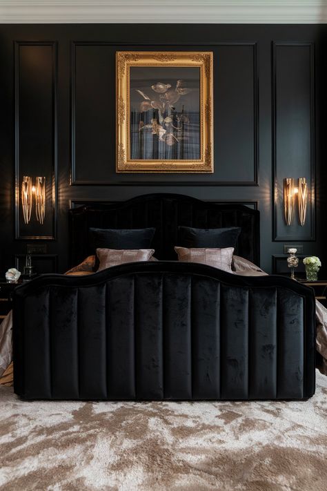 12 Bedrooms with Black Accent Walls: Sleek, Elegant Designs for a Contemporary Look - My Decor Inspo Black Baseboards And Trim Bedroom, Black Velvet Bed Frame Bedroom Ideas, Classy Dark Bedroom, Black Velvet Headboard Bedroom, Black Walls Bedroom Ideas, Dark Bedroom Ideas Black, All Black Room Bedrooms, Black Bedroom Wall Ideas, Accent Wall Master Bed