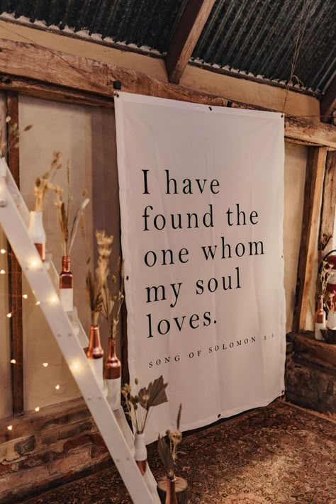 Song of Solomon quote on white poster | The Chamberlins The One Whom My Soul Loves, Song Of Solomon Wedding Sign, Wedding Board Inspiration, I Have Found The One Whom My Soul Loves Wedding, Found The One Whom My Soul Loves, Wedding Signs Sayings, Poetry Decor Ideas, Wedding Foyer Decoration, Wedding Decor Christian