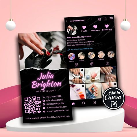 Instagram Business Card for Nail Specialist Canva Edit Template Nails Cards Business, Nail Tech Business Cards, Media Business Card, Instagram Business Card, Nail Specialist, Social Media Business Cards, Lash Technician, Hair Business Cards, Qr Code Business