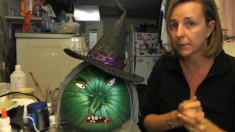 Want a fun and interesting Halloween decoration that’ll have the neighbors talking? Make this wicked witch out of a pumpkin, using the stem as the nose! Painted Witch Pumpkin, Painted Pumpkin Witch, Witch Pumpkin Painting, Pumpkin Witch Face, Wicked Witch Pumpkin, Witch Faces, Crazy Halloween Makeup, Pumpkins Decorated, Decorate Pumpkins