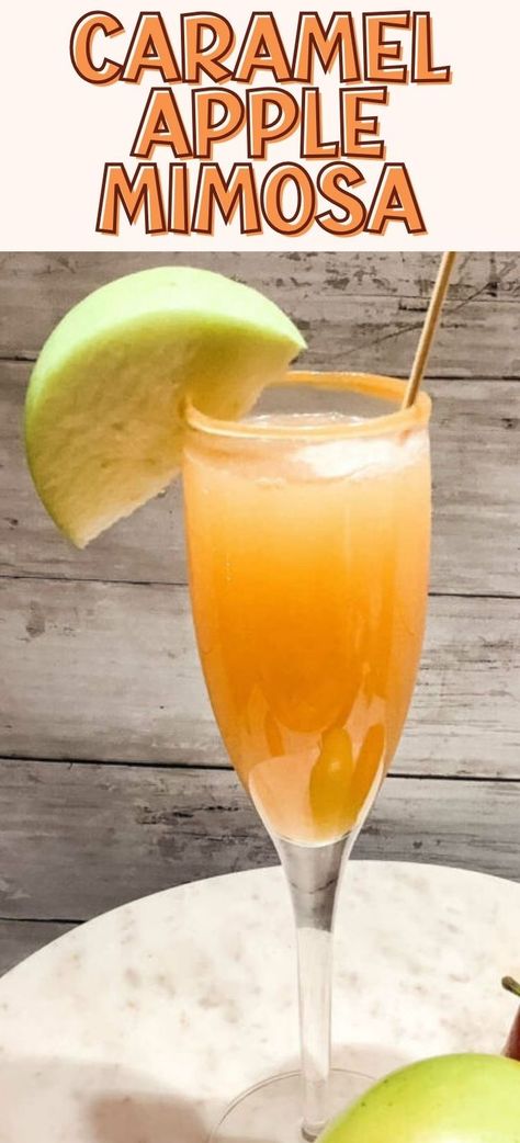 caramel apple mimosa Caramel Apple Cider Mimosa, Caramel Apple Mimosa Recipe, Apple Juice Mimosa, Apple Pie Mimosa, Holiday Mimosas Recipe, Fall Mimosas Recipe, Carmel Apple Mimosas, Fall Themed Mimosa Bar, Carmel Apple Mimosas Recipe