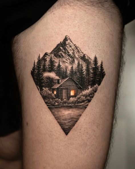 Woodworking Tattoo Ideas, Toronto Nature, Mountain Sleeve Tattoo, Cabin Tattoo, Reflection Tattoo, Moutain Tattoos, Small Fish Tattoos, Wilderness Tattoo, Travel Tattoo Ideas