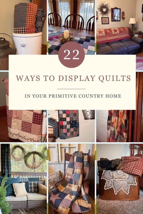 Rolled quilts in a crock, quilt folded over the couch, quilt displayed on a rocker. 22 ways to display quilts in your home. Quilt Display Ideas Creative, Displaying Vintage Quilts, Decorating With Old Quilts, Displaying Quilts On Wall, Quilt Displays Ideas, Display Quilts On Wall, Quilt Wall Decor, How To Hang Quilts On Wall Ideas, How To Display Old Quilts