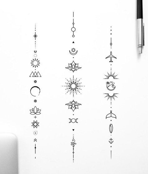 Custom Tattoo Design - Get your perfect tiny geometric design Tiny Tattoo Symbols, Geometric Tattoo Spine, Geometric Symbols Meaning, Feminine Body Tattoos, Unalome Tattoo Meaning Symbols For Women, Fine Line Symbol Chain Tattoo, Feminine Energy Tattoo Ideas, Outer Upper Arm Tattoos For Women, Small Geometric Tattoo For Women