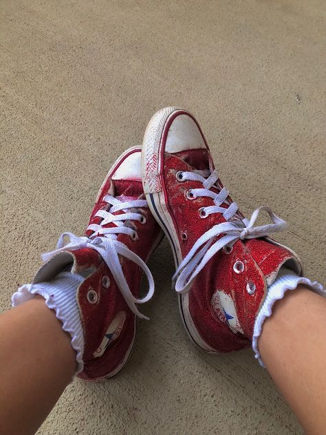 red glitter converse with white ruffle socks Red Sparkly Converse, Red Glitter Converse, Ruby Core Aesthetics, Dorothy Core, Aesthetic Red Converse, Dorothy Aesthetic, Raspberry Torte Strawberry Shortcake, Elly Core, It Girl Books