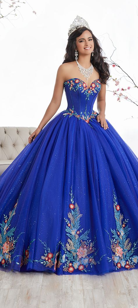 FALL '17 // Style 26869 | Laced with sublime colorful floral appliqués, this lovely ball gown is made with a glitter tulle skirt and enhanced by boning in the bodice. Lace-up back. #Quinceanera #QuinceaneraCollection Vestido Charro, Cheap Quinceanera Dresses, Mexican Quinceanera Dresses, Quinceanera Collection, Blue Ball Gown, Quinceñera Dresses, Full Tulle Skirt, Quinceanera Dresses Blue, Pretty Quinceanera Dresses