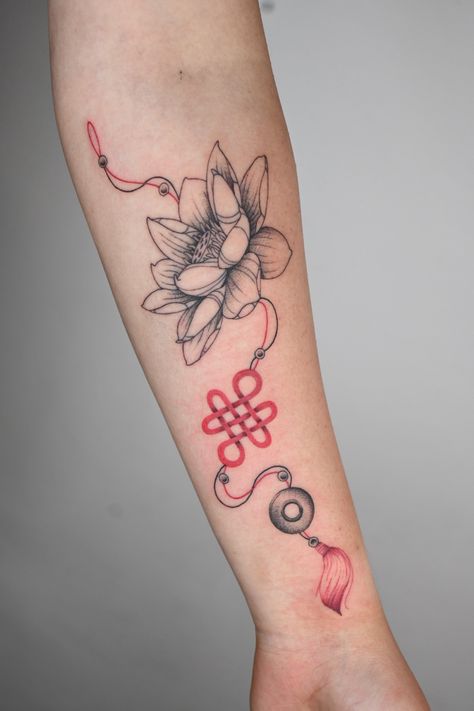 @simbalysm on IG Asian Charm Tattoo Design, Chinese Charm Tattoo, Vietnamese Inspired Tattoo, Chinese Knot Tattoo, Chinese Flower Tattoo, Kitsune Mask Drawing, Norigae Tattoo, Hmong Tattoo, Mandala Tattoos For Women