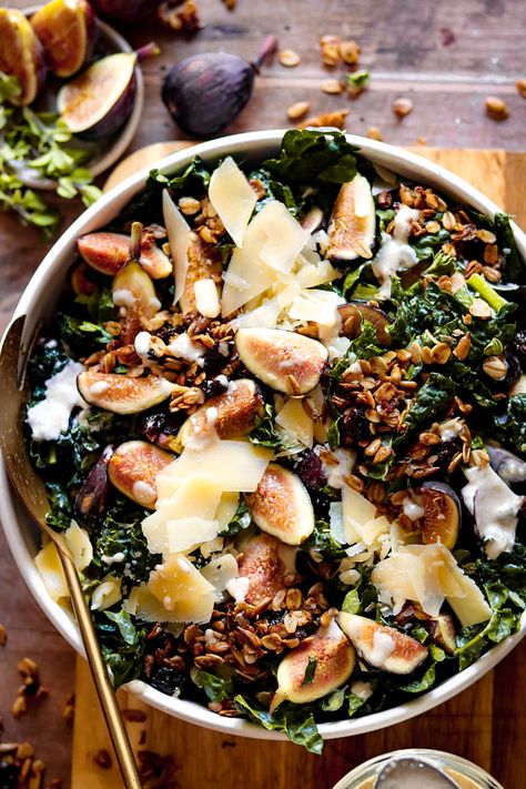 harvest fig and kale crunch salad with tahini cider dressing – The Foul-Mouth Gourmet Kale Crunch Salad, Fig Salad, Crunch Salad, Harvest Salad, Autumn Salad, Tahini Dressing, Fresh Figs, Early Autumn, Healthy Salad