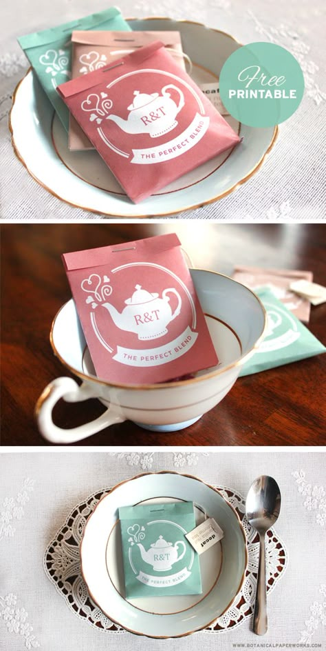 These delightful wedding favor tea packages are super cute, easy to make and can be personalized with your initials! Wedding Favors Packaging, Tea Wedding Favors, Wedding Favors Diy, Tea Package, Wedding Favors Ideas, Gratis Printables, Bridal Shower Tea Party, Inexpensive Wedding Favors, Bridal Tea Party