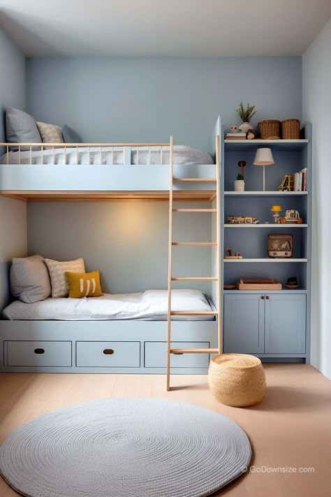 Kids Bunk Beds Small Room, Boys Room Bunk Beds, Small Space Storage Bedroom, Kids Room Bunk Beds, Bunk Beds Small Room, Small Boys Bedrooms, Bunk Beds For Boys Room, Blue Kids Room, Shared Boys Rooms