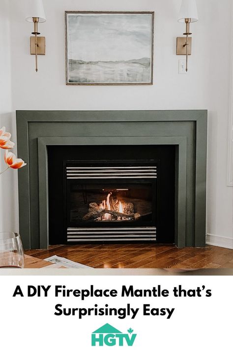 Green fireplace mantle Diy Mantle Surround, Fireplace No Mantle, Fireplace Photoshoot, Easy Diy Fireplace, Fireplace Surround Diy, Mantle Makeover, Diy Fireplace Mantle, Diy Fireplace Mantel, Diy Mantel