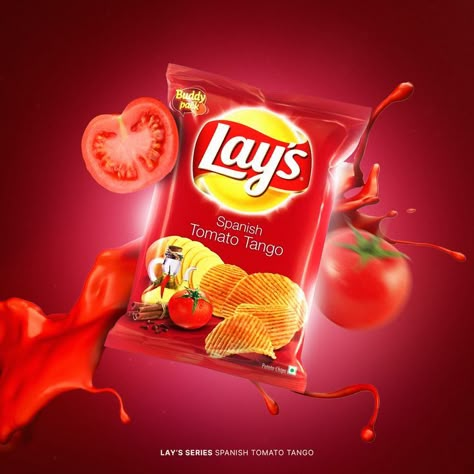 " Enjoy Lay's Spanish Tomato Tango chips with your favourite dip " Commercial Product Visuals | Lay's Series ( Collagism | Personal Artwork ) Introducing my Lay's Series album in which I will be creating stunning product visuals with different categories of Lay's Chips. Lays Poster Design, Chips Poster Design, Tomato Chips, Tomato Poster, Chips Ads, Print Ad, Food Commercial, Lays Logo, Lays Chips