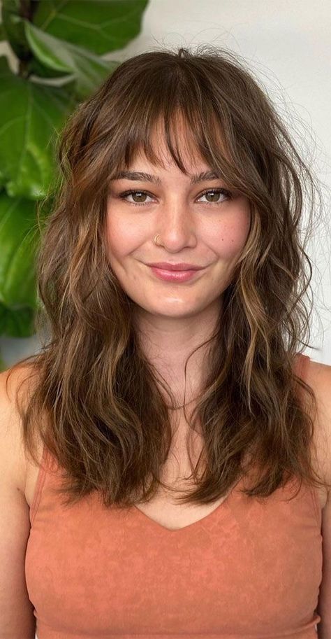 Flowy Medium Length Hair, Soft Full Fringe, Low Maintenance Fringe Bangs, Messy Fringe Bangs, Shag Medium Length Hair Curtain Bangs, Heavy Framing Fringe, Medium Length Choppy Layers With Bangs, Rocker Messy Fringe, Waterfall Fringe Hair