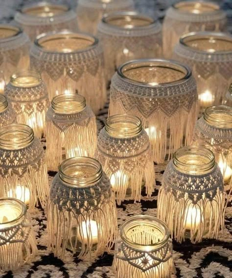 Macrame Jars, Macrame Candle Holder, Macrame Wedding Decor, Boho Glam Home, Macrame Wedding, Jar Lanterns, Moroccan Lanterns, Modern Macrame, Macrame Decor