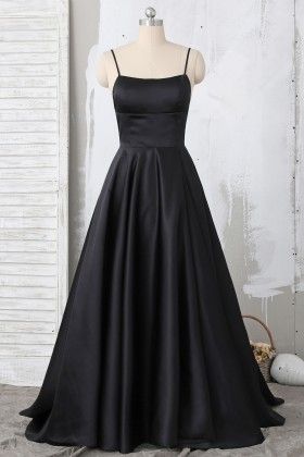 Black Spaghetti, Black Spaghetti Strap, Black Prom Dress, Cute Prom Dresses, Prom Dress Inspiration, A Line Prom Dresses, Grad Dresses, Satin Prom Dress, Black Prom Dresses