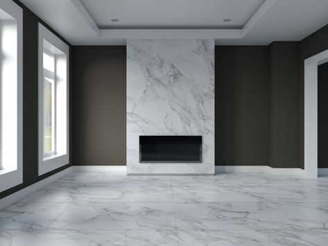 Carrara Marble Floor Living Room, Marble Floor Wall Color, Wall Paint Color For White Floor Tiles, Quartz Fireplace Wall, Marble Fireplace Wall, Marble Wall Living Room, Dark Painted Walls, Carrara Marble Floor, Modern Fireplace Ideas Living Rooms