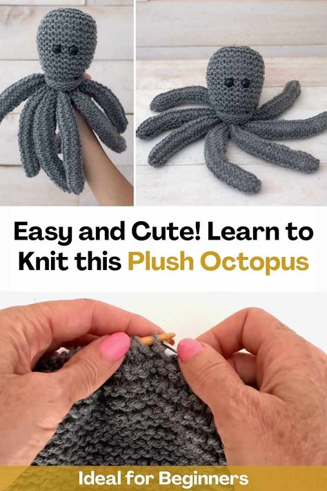 Learn how to knit this cute octopus stuffed animal with this video tutorial! If you can knit a square, you can do this awesome knitting project! The creator of this video will teach you how to knit this stuffed octopus step by step.There are many great knitting patterns for stuffed animals, but most of them are not for beginners. This super cute and easy octopus knitting pattern is perfect for beginners! Also makes a great gift for anyone who loves sea creatures. How To Knit A Octopus, Stuffed Octopus Sewing Pattern Free, Knitting Pattern For Octopus, Free Octopus Pattern, Octopus Knitting Pattern Free, Knitting Stuffed Animals Easy, Patterns For Stuffed Animals, Knit Octopus, Sock Kitten