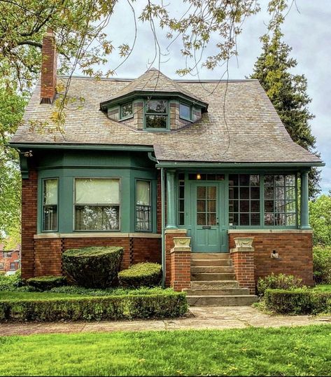 Unique New & Old Custom Homes | Detroit, Michigan Unique House Colors, Green Front Door, Whimsical Houses, Michigan Photography, Paint Color Ideas, Exterior Paint Color, Casas The Sims 4, Dream Cottage, Craftsman Bungalows