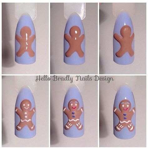 How to paint a gingerbread man on nails step by step. Xmas Nail Art, Unghie Nail Art, Nail Designs Tutorial, Nail Drawing, Cute Christmas Nails, Christmas Gel Nails, Christmas Nails Acrylic, Winter Nail Art, Short Acrylic Nails Designs