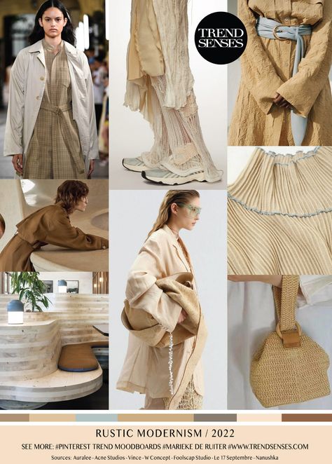 RUSTIC MODERNISM // 2022 – Trendsenses - Trend - Color - Mood - Sources: Auralee – Acne Studios – Vince – W Concept – Foolscap Studio – Le 17 Septembre – Nanushka Fashion Trending Moodboard, Fashion Trend Forecast, Trend Forecast, Color Trends Fashion, Fashion Forecasting, Fashion Design Portfolio, 2022 Trends, Summer Fashion Trends, 2022 Fashion