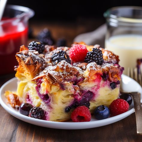 Berry Croissant Breakfast Casserole Fruit Casserole, Breakfast Casserole Dishes, Sweet Breakfast Casserole, Croissant Breakfast Casserole, Flaky Croissants, Baked Breakfast Casserole, Croissant Breakfast, Croissant Recipe, Berry Breakfast