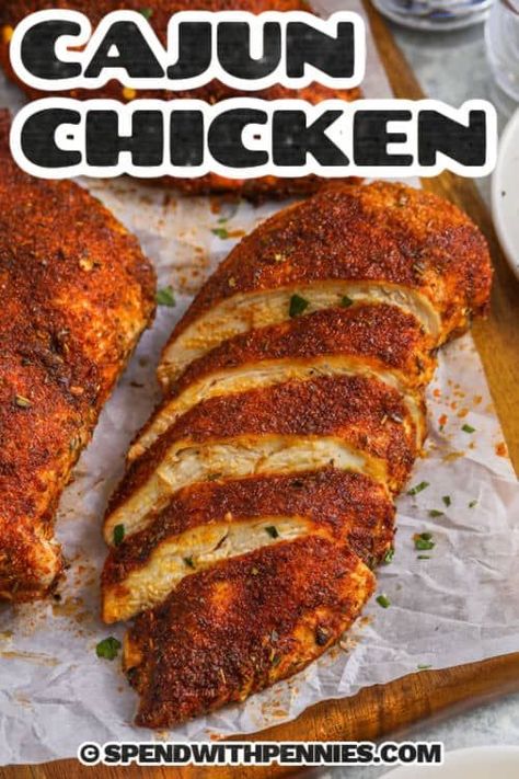 This Cajun chicken recipe produces flavorful, tender chicken breasts in a flash! Prepping this three ingredient dish is a breeze too! Just toss boneless, skinless chicken breasts with oil and Cajun seasoning, and bake until golden and juicy. Make a creamy version with Alfredo sauce. Add sausage or shrimp to the pan for tasty twist on jambalaya. Serve with rice or pasta. #cajunchicken #cajunchickenrecipe #spendwithpennies #cajunchickenpasta Cajun Chicken Recipes For Dinner, Cajun Chicken Breast Recipes, Chicken Breast Seasoning Recipes, Chicken Recipes Cajun, Boneless Chicken Breast Recipes Oven, Tender Chicken Breast Recipes, Easy Cajun Chicken, Bbq Truck, Crispy Baked Chicken Legs