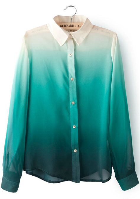 Green Gradients Lapel Long Sleeve Chiffon Blouse - Sheinside.com Chiffon Blouse, White Shirt, Dream Closet, Tie Dye, Chiffon, Blouses, Dye, I Want, My Style