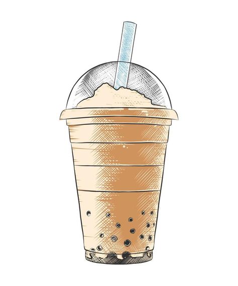 Vector engraved style Traditional Bubble Milk Tea drink in plastic glass for posters, decoration, logo, menu, sign. Hand drawn sketch of Asian Thai sweet cold beverage. Detailed colorful drawing. Milk Tea Drawing, Beverage Drawing, Fast Food Logos, Food Logos, Decoration Logo, Colorful Drawing, Bubble Milk Tea, Spill The Tea, Menu Sign