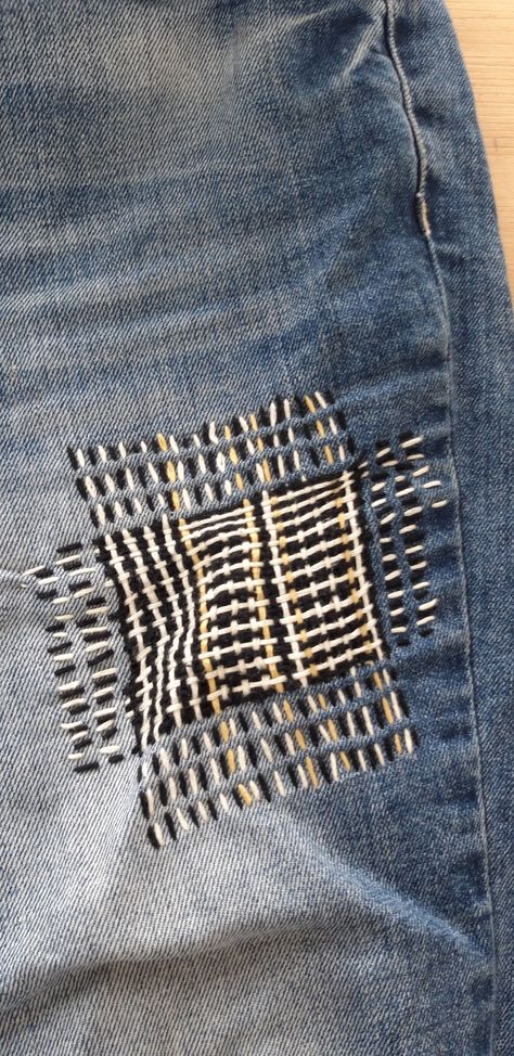 My project in Embroidery: Clothing Repair course | Domestika Repairing Clothes With Embroidery, Visible Mending Jeans Knees, Sashiko Repair, Embroidery Repair, Jean Repair, Visible Mending Stitches, Jeans Stitching, Clothing Repair, Embroidery Clothing