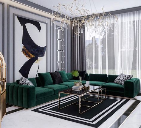 And that art to top it all! 🖤 . . . @leyla_interiors  #art #interiors #interiordesign #architecture #interiorinspo #interiorinspiration… Green Couches, Emerald Green Living Room, بيتي فور, Green Living Room Decor, Chic Living Room Decor, Gold Living, Deco House, Green Living Room, Gold Living Room