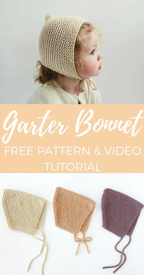 Click for this adorable free bonnet knitting pattern and video tutorial! It's written for newborn through toddler sizes. Baby Bonnet Pattern, Garter Stitch Knitting, Baby Hat Knitting Pattern, Bonnet Pattern, Pull Bebe, Baby Turban, Baby Hats Knitting, Baby Bonnet, Crochet Stitch