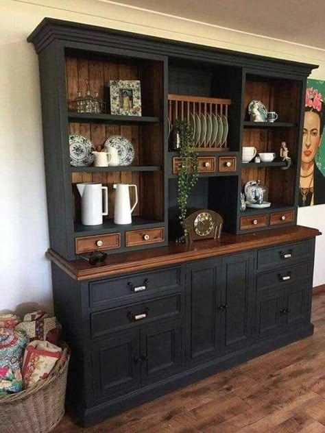 Hutch To Bar Makeover, Black Hutch Dining Room, Dining Hutch Makeover, Two Tone Dresser Makeover, Old Dresser Redo, Refinished China Cabinet, Kitchen Hutches, China Hutch Makeover, Painting Concrete Porch