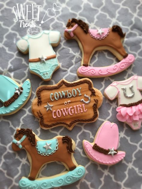 Gender Reveal Ranch Ideas, Our First Rodeo Gender Reveal, Cowboy Or Cowgirl Gender Reveal Cookies, Country Theme Gender Reveal Ideas, Gender Reveal Cake Western, Gender Reveal Ideas For Party Country Theme, Gender Reveal Themes Western, Cowboy Gender Reveal Ideas For Party, Cowboy Vs Cowgirl Gender Reveal