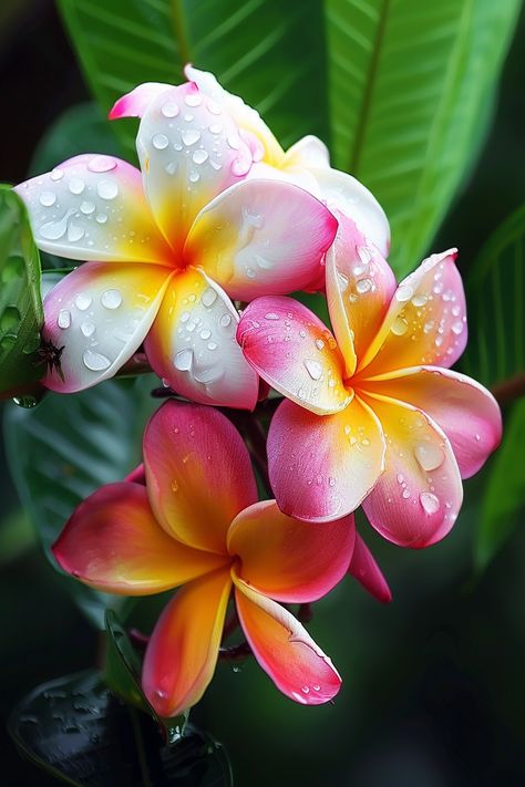 Plumeria, also known as Frangipani, is famous for its fragrant, waxy flowers which come in a variety of colors including white, yellow, pink, and red. These flowers are often used in leis and have an intoxicating scent.  Light: Full sun. Water: Water deeply but infrequently, allowing the soil to dry out between waterings. Soil: Well-draining soil. Temperature: 60-75°F (15-24°C). Humidity: Moderate to high. Fertilizer: High-phosphorus fertilizer, every 2-3 months.Plumeria's fragrant blooms are perfect for tropical-themed gardens or container planting.  Plumeria's fragrant blooms are perfect for tropical-themed gardens or container planting. Plumeria Flowers Painting, Plumeria Aesthetic, Frangipane Flower, Frangipani Plant, Exotic Flowers Tropical, Fiori Frangipani, Red Frangipani, Plumeria Plant, Pink Frangipani