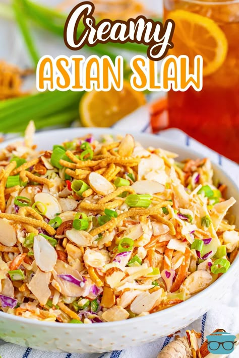 This recipe for Asian Slaw has the most delicious creamy dressing with the perfect amount of seasoning, a touch of sweetness, and just enough crunch with every bite! Angel Hair Slaw Recipes, Creamy Asian Dressing, Creamy Asian Slaw, Asian Slaw Dressing Recipe, Creamy Asian Salad Dressing, Asian Slaw Dressing, Cookout Salads, Thm Salads, Asian Coleslaw Recipe