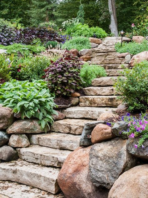 Sloped Backyard Landscaping, Landscaping On A Hill, Lush Landscaping, Stone Landscaping, Sloped Backyard, Garden Stairs, Stone Stairs, Hillside Landscaping, Sloped Garden