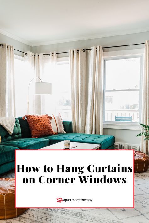 Corner Window Living Room, Corner Window Curtains Living Room, How To Hang Curtains In A Corner, Curtain On One Side Of Window, Long Living Room Curtains, Curtains Corner Window, Corner Windows With Curtains, Curtains For Corner Windows, Corner Windows Living Room