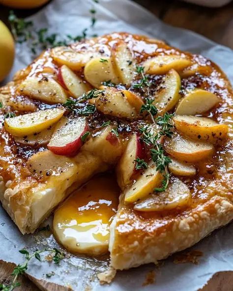 Golden baked brie topped with caramelized apples and fresh thyme creates a warm, savory-sweet appetizer perfect for holidays. Apple Baked Brie, Caramelized Apples, Sweet Appetizer, Brie Appetizer, Thyme Recipes, Brie Recipes, Roasted Apples, Fall Appetizers, Savory Appetizer