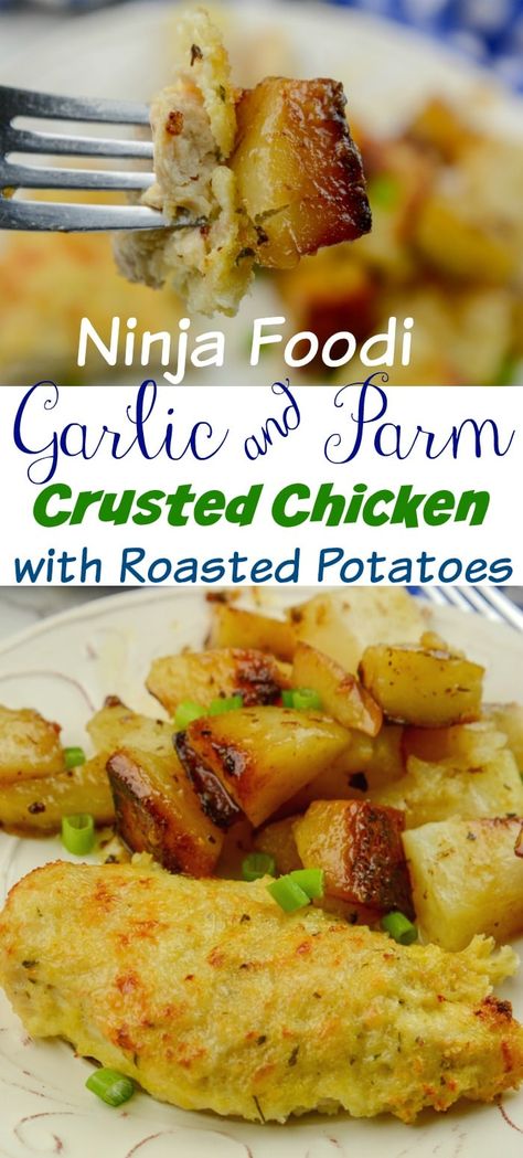 Ninja Foodi Garlic and Parm Crusted Chicken with Roasted Potatoes Parm Crusted Chicken, Food Ninja, Ninja Foodie Recipes, Ninja Cooking System Recipes, Ninja Cooking System, Ninja Foodi Grill, Chicken Food Recipes, Roasted Chicken And Potatoes, Ninja Foodi Recipes