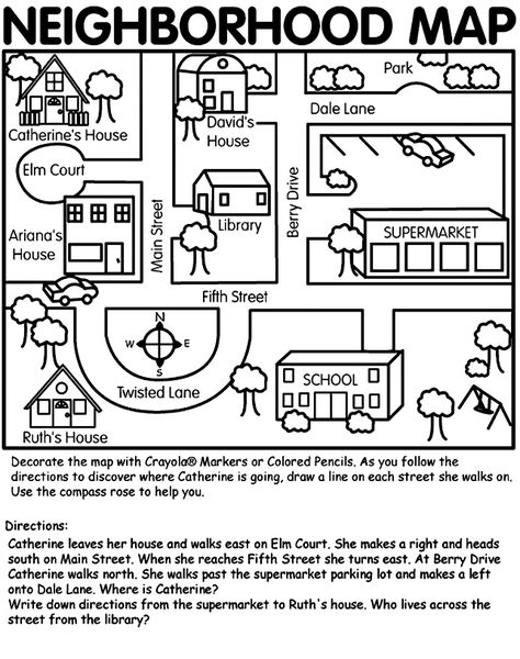 This neighborhood map can be used for teaching map skills to primary age children through relative terms using their own environment. This map can be adapted to teach certain map skills, terms of location, and spatial relationships. 1st Grade Map Activities, Teaching Map Skills, Social Studies Maps, Teaching Maps, Kindergarten Social Studies, Map Worksheets, Map Making, Homeschool Geography, Map Activities