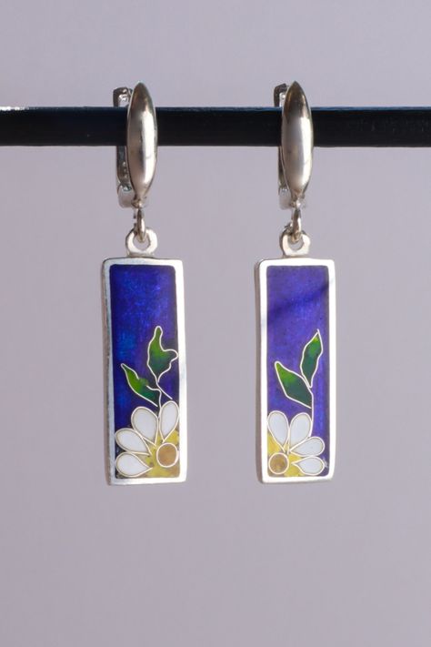 Cloisonne Enamel Daisy Earrings, Sterling Silver Birth Flower Earrings, Handmade Earrings, Unique Flower Earrings, Dangle Earrings Cloisonne Enamel Jewelry, Georgian Jewelry, Clay Crafts Air Dry, Daisy Earrings, Cloisonne Enamel, Classy Jewelry, Enamel Flower, Enamel Earrings, Enamel Jewelry