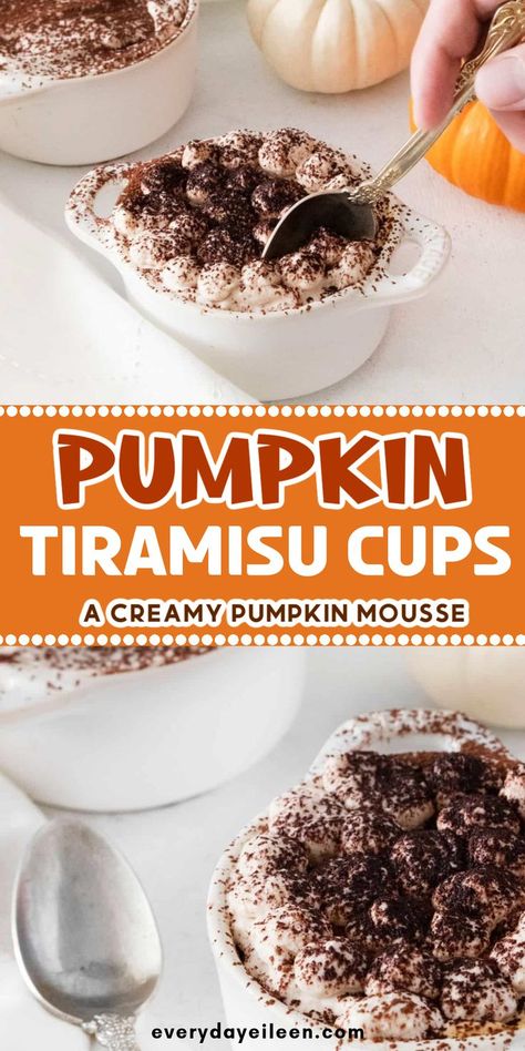 Small cups filled with a creamy pumpkin mousse topped with cocoa with Pinterest overlay. Desserts For Bake Sale, Pumpkin Whip, Pumpkin Tiramisu, Fall Baked Goods, Desserts For Fall, Bake Sale Desserts, Dessert Flavors, Easy Fall Desserts, Pumpkin Butterscotch