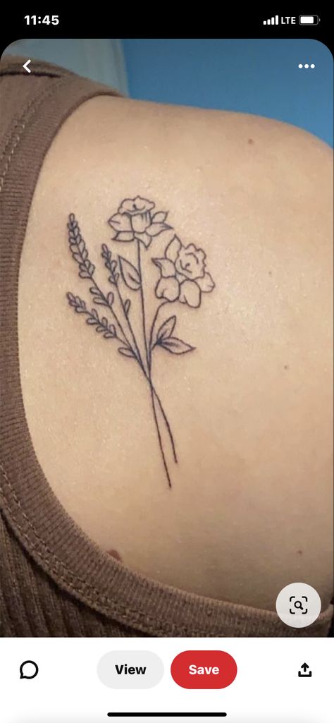 Daffodil And Lotus Flower Tattoo, Daffodil Lavender Tattoo, Narcissus Flower Bouquet Tattoo, Tulip And Marigold Tattoo, Daffodil Tattoo On Shoulder, Bouquet Of Daffodils Drawing, Fine Line March Flower Tattoo, Daphadil Flower Tattoo Simple, Fine Line Flower Tattoos For Women