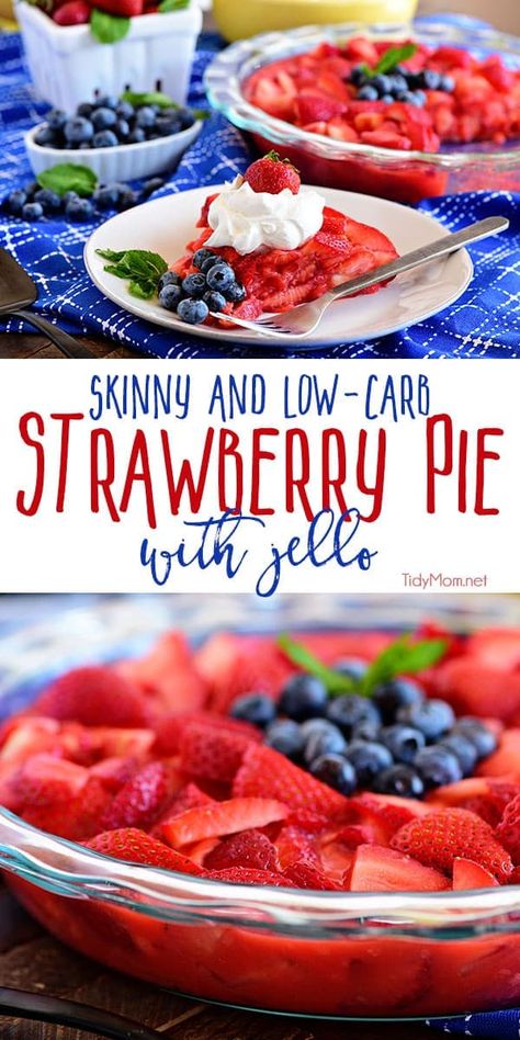 A simple strawberry pie with jello is the perfect skinny dessert. Just four guilt-free ingredients and you have a beautiful low-carb and diabetic friendly crustless jello pie. The WHOLE PIE is just 4 Weight Watchers Freestyle Points! Print full recipe at TidyMom.net #strawberry #pie #strawberrypie #weightwatchers #freestyle #lowcarb #keto #diabeticfriendly #lowcal Strawberry Pie With Jello, Strawberry Jello Pie, Jello Pie, Fresh Strawberry Pie, Homemade Snickers, Ww Desserts, Easy No Bake Desserts, Low Carb Dessert, Strawberry Pie