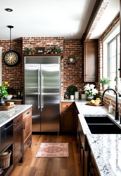 backsplash kitchen ideas Red Brick Wall Kitchen, Exposed Brick Backsplash Kitchen, Red Brick Backsplash Kitchen, Rustic Brick Backsplash, Red Brick Backsplash, Brick In Kitchen, Brick Wall Kitchen Ideas, Kitchen Brick Backsplash, Exposed Brick Kitchen