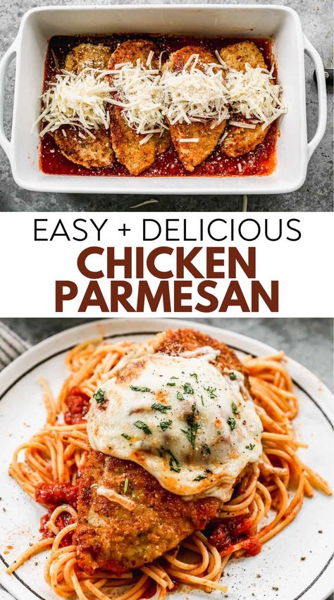 Oven-baked Chicken Parmesan with crispy coating, served with marinara sauce and melted cheese. Chicken Marinara Pasta, Oven Baked Chicken Parmesan Recipe, Chicken Marinara, Chicken Parmesan Recipe Easy, Easy Oven Baked Chicken, Chicken Parmesan Recipe Baked, Oven Baked Chicken Parmesan, Marinara Recipe, Chicken Parmesan Recipe