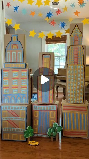 Diy City Buildings Out Of Boxes, Houses Activities Preschool, Cardboard City For Kids, City Crafts For Kids, Cardboard Skyscraper, Cardboard Box Party, Engineer Party, Building With Cardboard, Block Center Preschool