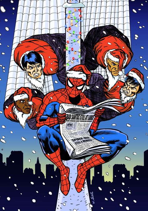 Spidey has just nabbed the infamous "Bad Santa" bank robber gang and is taking a moment to enjoy the newspaper. Please have a look at the articles. Christmas Comic Art, Spitter Man, Christmas Marvel, Wallpaper Spider Man, Comic Christmas, Marvel Christmas, Spiderman Christmas, Daily Bugle, Superhero Christmas